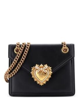 Dolce & Gabbana Black Leather Shoulder Bag with Gold Heart Crest